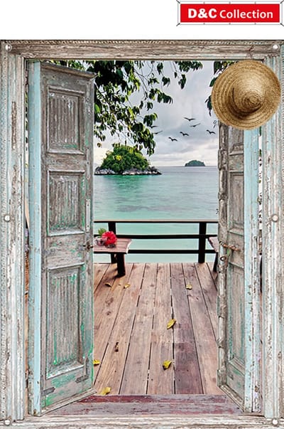 Doorkijk tuinposter - 95x130 cm - doorkijk - Openslaande deuren - luxe uitvoering - Vlonderterras Thailand met vogels en bloemen - tuindecoratie - tuindoek - tuin decoratie - tuinposters buiten - schuttingposter