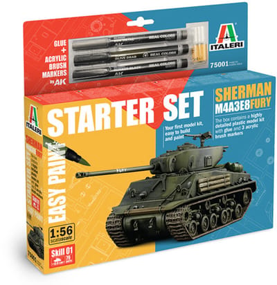 Italeri Modelbouwpakket Militaire voertuigen - 75001 Sherman M4A3E8 Fury WWII - Amerikaanse Tank - Starter Set Plastic - 1:56 - Modelbouw