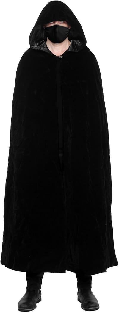 Zwarte stoffen masker met zwarte mantel, Halloween-set
