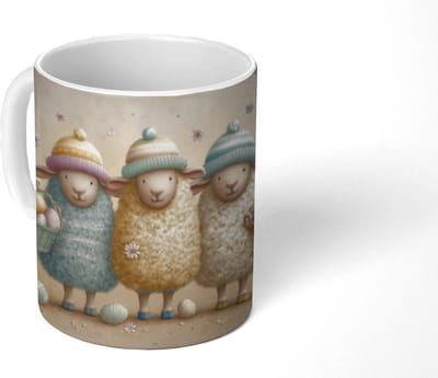 Mok - Koffiemok - Schaapjes - Eieren - Pastelkleuren - Bloemen - Mokken - 350 ML - Beker - Koffiemokken - Theemok