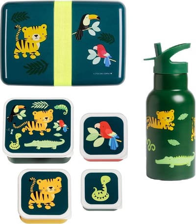 A Little Lovely Company Back to school set - Drinkfles RVS/4 Snackdozen/Lunchbox - Jungle tijger