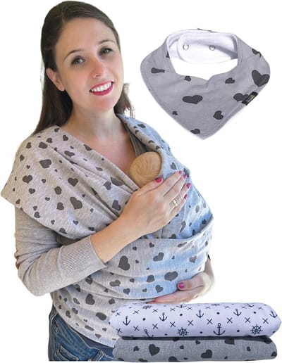 Babydraagdoek grijs met hartjes - incl. babyslabbetje & tas - extra groot 520 x 60 cm - hoogwaardige en elastische wikkeldoek voor pasgeborenen & baby's tot 15 kg