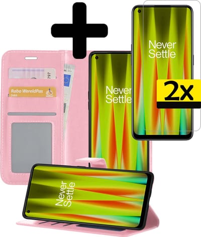 Hoesje - Met 2x Screenprotector - Geschikt voor OnePlus Nord CE 2 - Luxe Pasjeshouder - Bookcase Portemonee - Flip Case - Kunstleer Book Case - Flipcase Hoes - Book Cover - Walletcase - Portemonneehoes - Telefoonhoesjes - Lichtroze