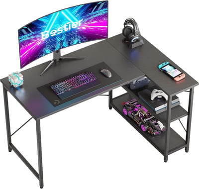 Computertafel, 120 cm, gamingbureau, L-vorm, gamingtafel met plank, verstelbare hoogte, klein hoekbureau met opbergvakken voor thuiskantoor, sterker, X-vormige houder, koolstofvezel