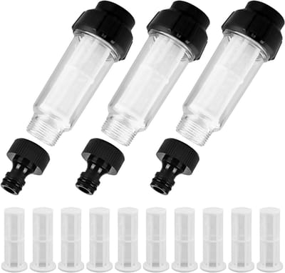 Pack van 3 Waterfilters voor Tuinslangen, Voorfilter 3/4 Inch met 10 Filterinvoegen en 3 Snelle Adapters voor Hogedrukreiniger, Tuinpomp en Tuinirrigatie
