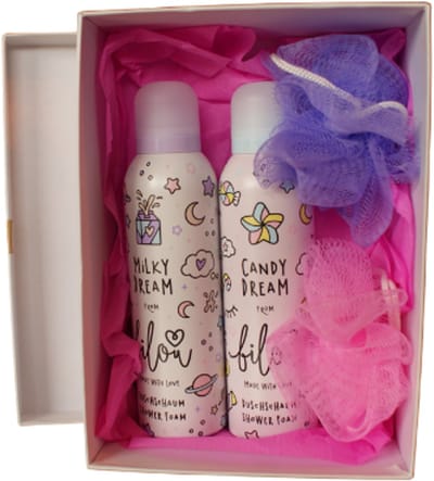 Kerst Douche Geschenkset - Doucheschuim Geschenkset | 2x 200ml - Bilou Milky Dream & Candy Dream | Luxe Kerstdoos met Badsponsjes - Kerstgeschenk - Cadeauverpakking