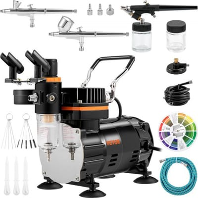 VEVOR Professional Dual Action Airbrush Spuitpistoolset 18-23 L/min 120 W, 230 V Mini Airbrush Luchtcompressor Gravity, Verfspuitpistool voor Reclame-illustraties, Bodypainting, Modelbouw, Nageldesign