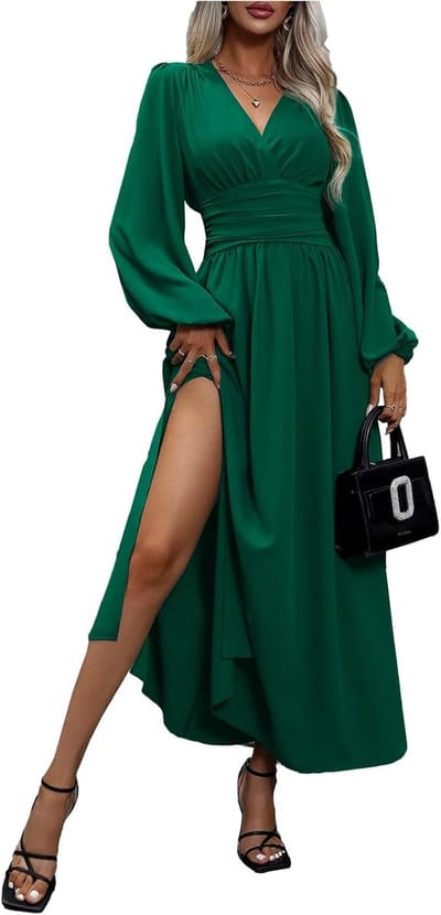 Elegante Dames Maxi Jurk met V-hals, Plissé Taille en Lange Split - Herfst Winter