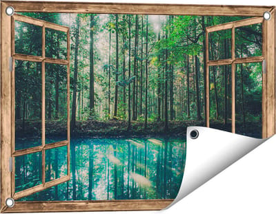 Gards Tuinposter Doorkijk Bos bij een Groen Meer - 60x40 cm - Tuindoek - Tuindecoratie - Wanddecoratie buiten - Tuinschilderij