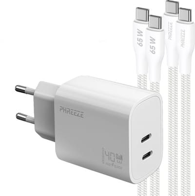 Phreeze usb C adapter 40 W - Twee usb C poorten - Power Delivery snellader met 2 usb C naar usb C kabels 1 meter