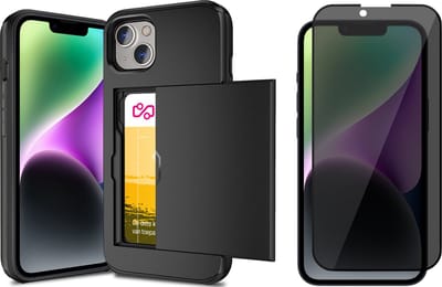 Hoesje met Pasjeshouder geschikt voor iPhone 14 - Privacy Screen Protector FullGuard - Back Cover SlideCase Zwart & Screenprotector