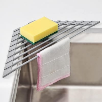 Famanu – Driehoekig afdruiprek voor servies - 40,8 x 7,2 cm - opvouwbare mat voor de wastafel in de keuken - 304 roestvrij staal/siliconen - als afdruip voor de gootsteen (grijs)