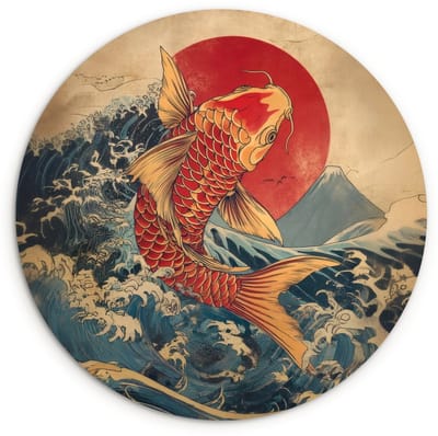 WallCircle® Wandcirkel 120x120 cm - Muurcirkel Koi - Zee - Golven - Zon - Muurdecoratie woonkamer - Wanddecoratie slaapkamer - Kamer decoratie accessoires - Ronde schilderijen XXL
