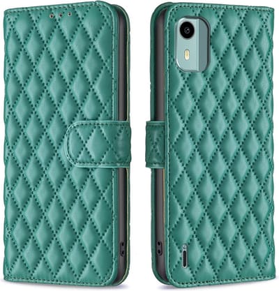BINFEN Hoesje - Geschikt voor Nokia C12 Hoesje - BINFEN Rhombus Book Case - Groen