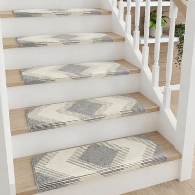 YEERSWAG 15-delige bullnose trapmatten 76×24×4,3 cm – antislip traptapijt met plakstrip voor houten trappen, Grijs + Beige