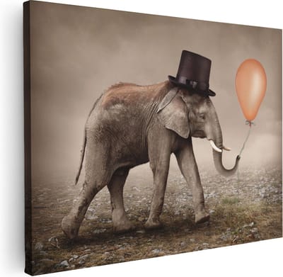 Artaza Canvas Schilderij Olifant Met Ballon - 40x30 cm - Klein - Wanddecoratie Dierenkop - Muurdecoratie Woonkamer - Schilderijen Op Canvas