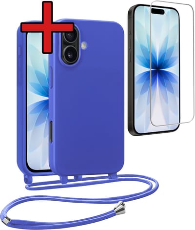 Hoesje Geschikt voor iPhone 17 Hoesje Siliconen Case Met Koord Met Screenprotector - Hoes Geschikt voor iPhone 17 Hoesje Backcover Met Telefoonkoord - Felblauw