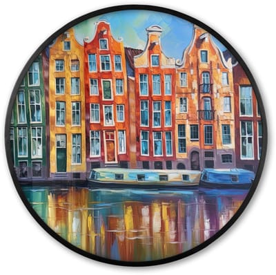 Poster in lijst Rond - Fotolijst 60x60 cm - Posters - Amsterdam - Olieverf - Gracht - Schilderij - Kunst - Ronde posterlijst zwart - Decoratie - Wanddecoratie woonkamer - Muurdecoratie slaapkamer