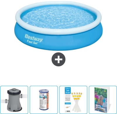 Bestway Rond Opblaasbaar Fast Set Zwembad - 366 x 76 cm - Blauw - Inclusief Pomp Filter - Testrips - Zwembadgids