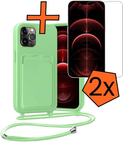 Hoesje Geschikt voor iPhone 13 Pro Hoesje Met Telefoonketting Pasjeshouder Case Met 2x Screenprotector Koord - Hoesje Geschikt voor iPhone 13 Pro Hoes Met Kaarthouder - Groen