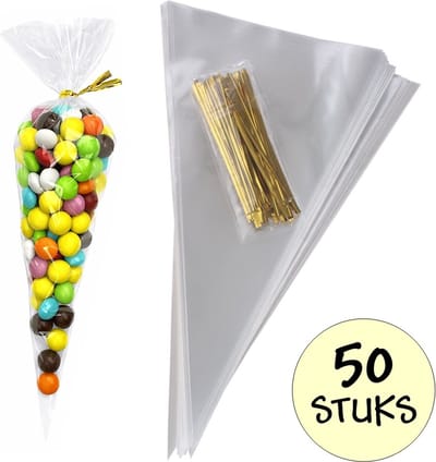 50x Cellofaan Puntzakken 25x13 cm - 50 Stuks Puntzak Doorzichtig - Traktatie Zak - Uitdeelzak - Snoepzak - Inclusief Sluitstrips Goud - 13x25 cm - 50 Stuks