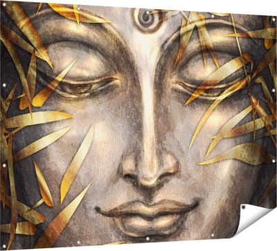 Gards Tuinposter Boeddha Beeld met Gouden Bladeren - 160x120 cm - Tuindoek - Tuindecoratie - Wanddecoratie buiten - Tuinschilderij