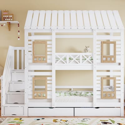 MEUNIQ stapelbed 90x200 cm voor kinderkamer, wit en naturel, met uitvalbeveiliging, trap met 4 opbergvakken en 2 lades met wielen