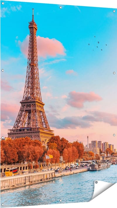 Gards Tuinposter Eiffeltoren in Parijs aan het Water - 100x150 cm - Tuindoek - Tuindecoratie - Wanddecoratie buiten - Tuinschilderij