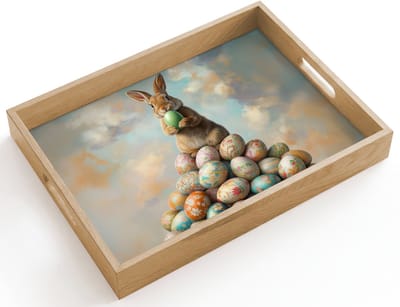 Dienblad hout 40x30 cm - Schootdienblad - Konijn - Eieren - Kleurrijk - Borrelplank rechthoek - Plateau dienbladen