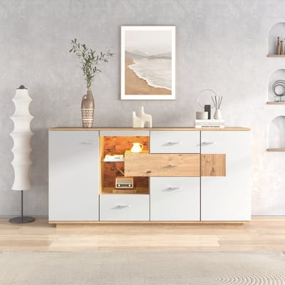 FloraGrace Dressoir - Met Ledverlichting En Veel Opbergruimte - 2 Deuren 4 Lades Met Glazen Planchet - MDF - Wit Houtlook - 160x40x77 Cm