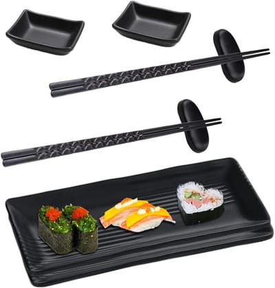 Dailygoods- Sushi Platte Set - 2 Borden - 2 Dipschalen - 4 Eetstokjes - Eetstokjesleggers - Elegant Cadeau voor Sushi-liefhebbers - Sushi Servies