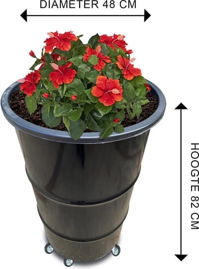 Barrelkings - Staande Plantenbak op Wielen - Metaal Olievat - Ø48x82 cm - 120L - Plastic Kuip 65L - 4 Wielen incl. Rem