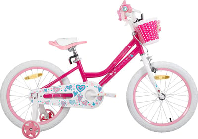 Meisjesfiets – Voor peuters en kinderen van 2-9 jaar – Met zijwieltjes, mandje, handrem & standaard – Roze, 46 cm