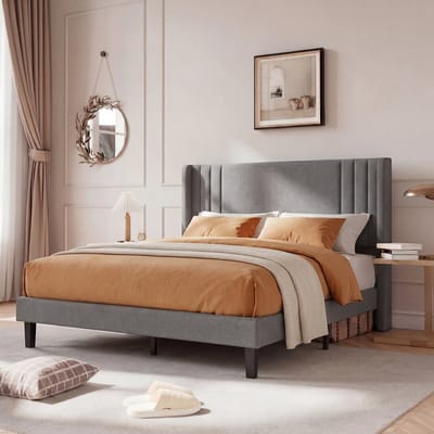 Tweepersoonsbed 140x200 cm – Gestoffeerd Bedframe met Gestreept Hoofdbord – Grijs Linnen – Stevig en Comfortabel