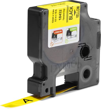 DYMO Rhino industriële Vinyl Labels | 12 mm x 5,5 m | zwarte afdruk op geel | zelfklevende labels voor Rhino & LabelManager labelprinters