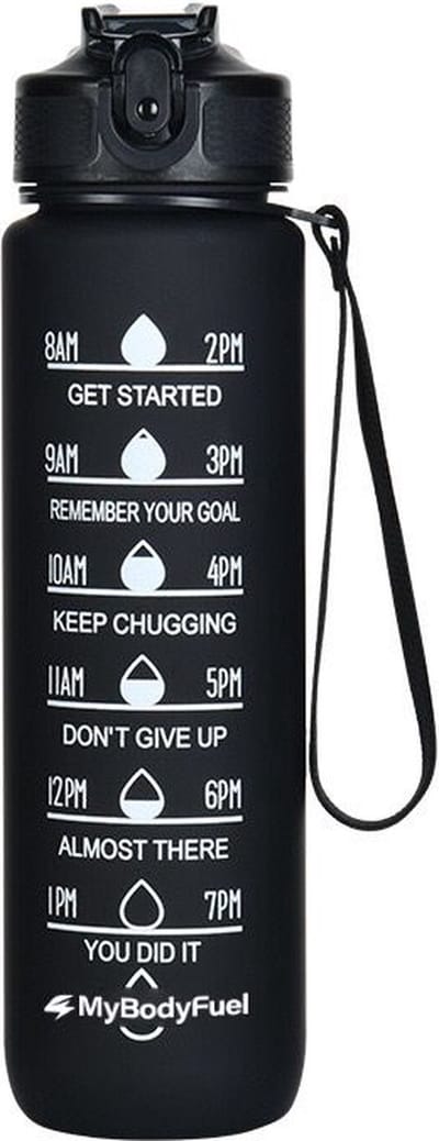 MyBodyFuel - Luxe Drinkfles - Zwart - 1000 ml - Waterfles met Rietje - Motiverende Drinkfles - Waterfles met tijdmarkering - BPA Vrij