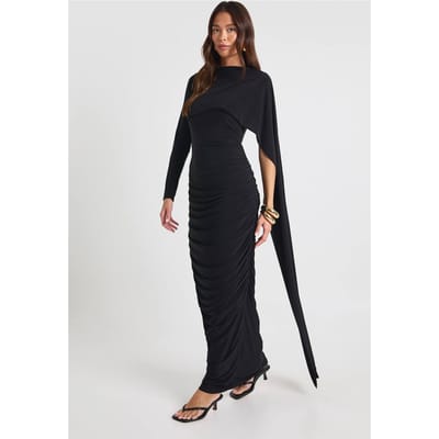 boohoo Dames Slinky maxi-jurk met lange mouwen en drapeeffect | Black | Maat: 10