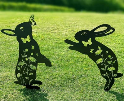 Decoratieve Tuinharingen - Konijn Beelden - Buiten Decoratie - Handgemaakt Metaal - Set van 2 - Zwart