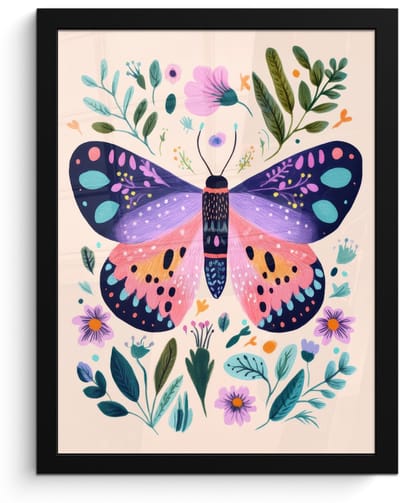 Poster in lijst - Fotolijst 30x40 cm - Posters - Bloemen - Bladeren - Vlinder - Kleurrijk - Posterlijst zwart - Decoratie - Wanddecoratie woonkamer - Muurdecoratie slaapkamer