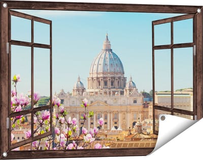 Gards Tuinposter Doorkijk Sint Pietersbasiliek in Rome met Bloemen - 90x60 cm - Tuindoek - Tuindecoratie - Wanddecoratie buiten - Tuinschilderij