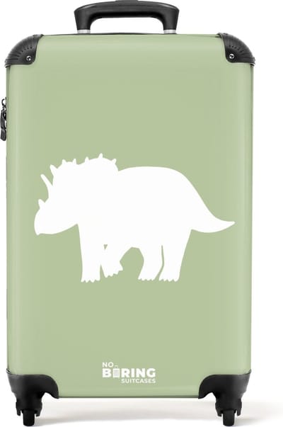 NoBoringSuitcases.com® - Kinderkoffer jongen - Kindertrolley jongens - Groen met Triceratops dino - Handbagage koffer lichtgewicht - Reiskoffer trolley kinderen - Rolkoffer met wieltjes - Past binnen 55x40x20 en 55x35x25