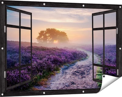 Gards Tuinposter Doorkijk Pad in de Weide van de Veluwe - 120x80 cm - Tuindoek - Tuindecoratie - Wanddecoratie buiten - Tuinschilderij