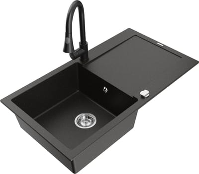 Mexen Leo granieten spoelbak met 1 spoelbak en afdruiprek en Elia keukenkraan, zwart/goud metallic - 6501-75-670101-70