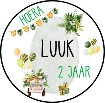 20 x Jungle Auto Stickers Met Naam Leeftijd en Ballonnen - Verjaardag Jungle - Dieren - Jungle - Safari - Gepersonaliseerd - Sluitstickers - Kinderfeest Traktatie - Uitdelen - Uitdeeltraktatie - Wensetiket - Rond - 40mm - Glossy sticker