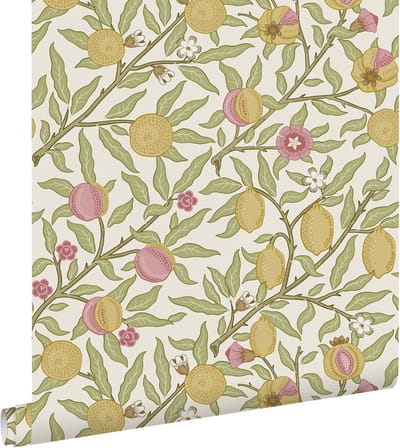 ESTAhome behang exotisch fruit en bladeren groen, roze en okergeel - 50 x 900 cm - 131169