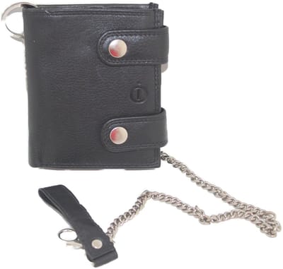 OI zwarte lederen portemonnee met ketting / hoog model "bikers" portemonnee / stoere afsluitbare beurs met ketting / anti skim / zwart / 188