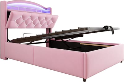 Gestoffeerd kinderbed, 90x200mm, fluwelen eenpersoonsbed, multifunctioneel bed met opbergruimte, ledverlichting en usb-poort, roze.