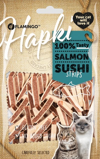 Flamingo Hapki Kattensnack Salmon Sushi 85 gram voor katten en kittens vanaf 6 maanden GLUTENVRIJ - GEEN TOEGEVOEGDE SUIKER