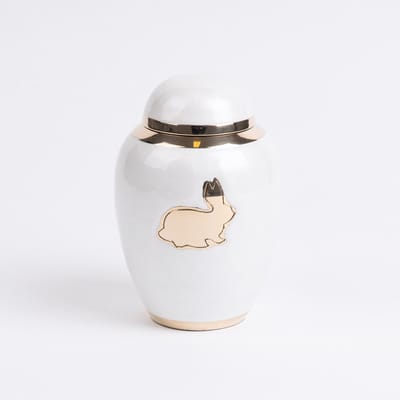 Dieren Urn Konijn Middel 600 ml Wit Goudkleurig Glans - Dieren Urn voor As Crematie - Urn Hond - Urn Kat
