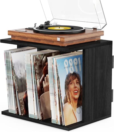 Vintage Wandgemonteerde Houten Opbergdoos voor Vinylplaten met 3 Compartimenten, Geschikt voor Tot 100 Albums, Ideaal voor Woonkamer en Kantoor, Zwart